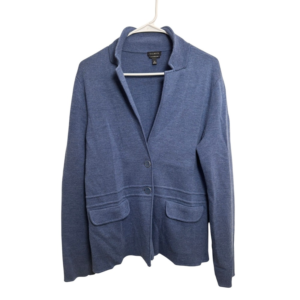 Talbots Womens Blue 100% Merino Wool Knit Blazer Cardigan Sweater Size M